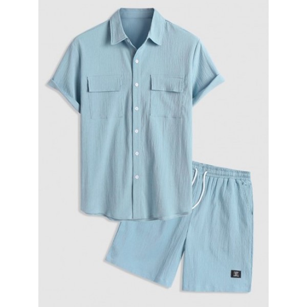 Flap Pocket Plain Wrinkle Textured Shirt And Applique Decor Shorts Set