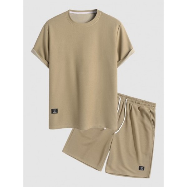 Label Design Textured Solid Color T-shirt And Solid Color Textured Drawstring Shorts Set