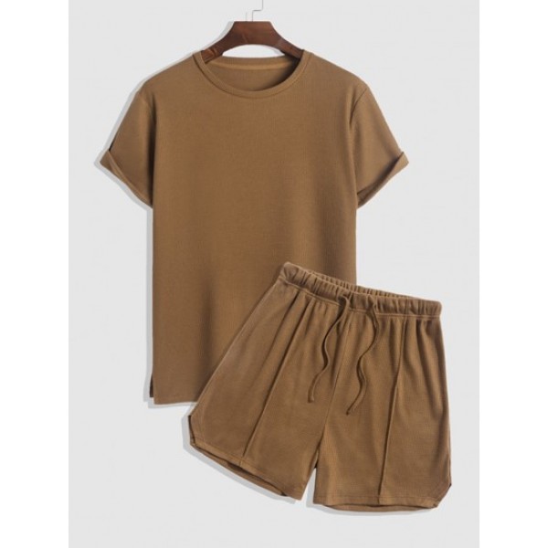 Textured Side Slit Short Sleeves T Shirt And Drawstring Shorts Set