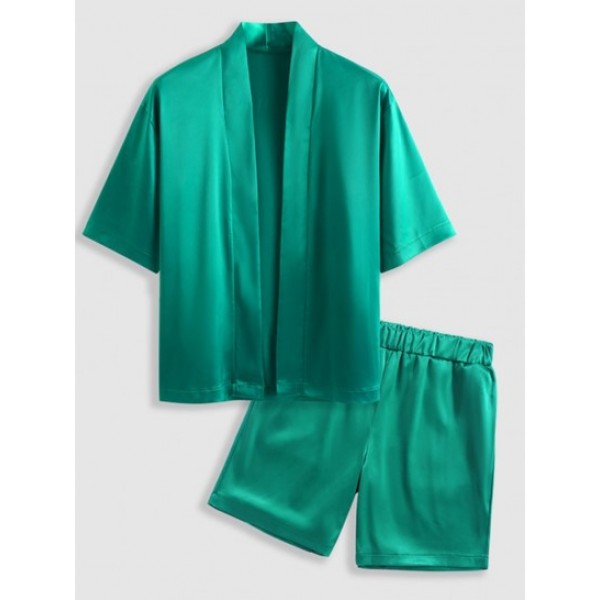 Silky Satin Open Front Kimono With Bermuda Shorts Set