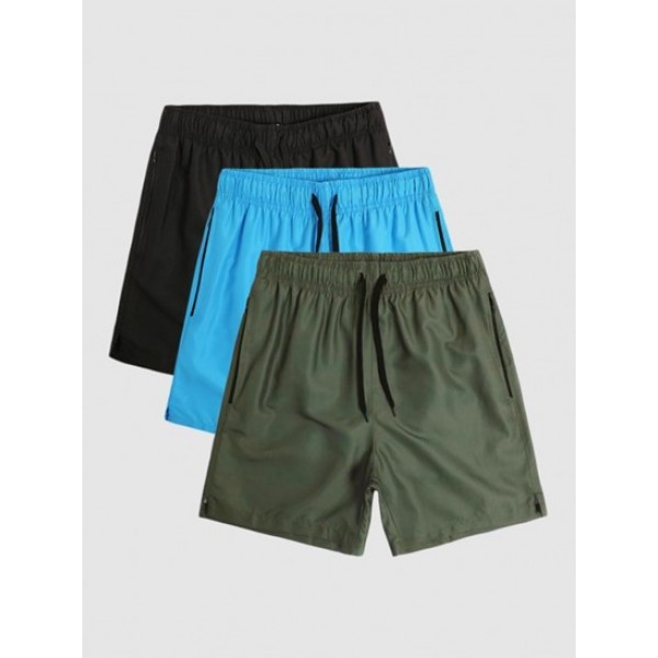 3Pcs Zip Pocket Design Solid Color Shorts Set