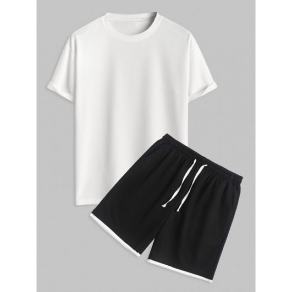 Solid Color Textured Short Sleeves T-shirt And Shorts Set