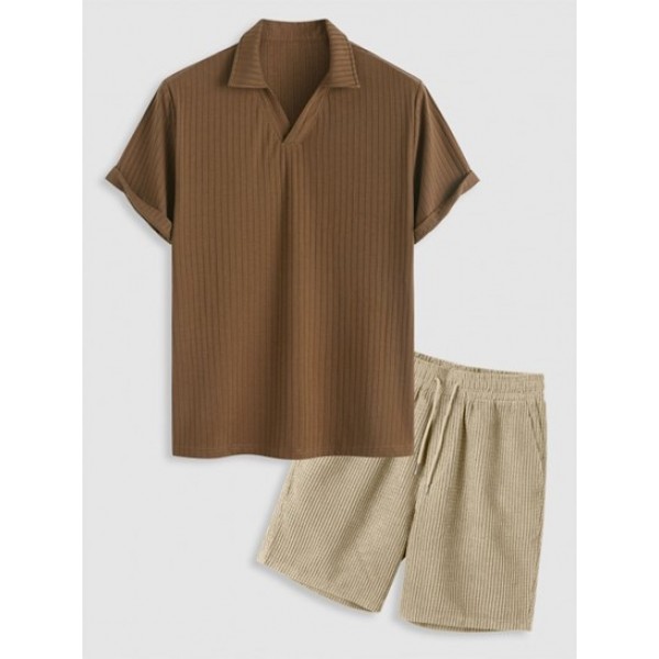 Solid Color V Neck Collared Stretchy Short Sleeves T-shirt And Corduroy Drawstring Shorts Set