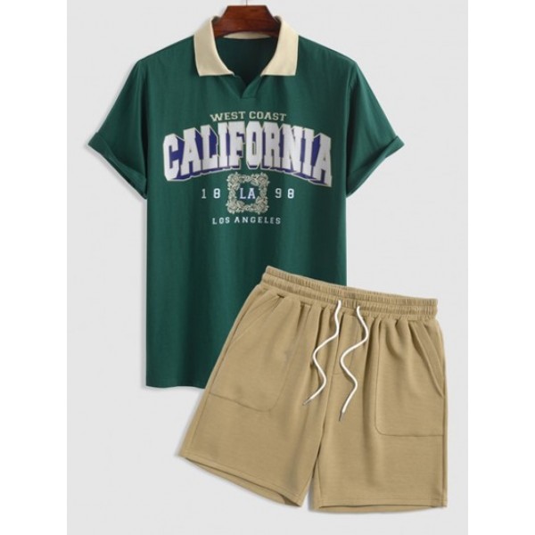 Polo Collar CALIFORNIA Graphic T Shirt And Sweat Shorts Set