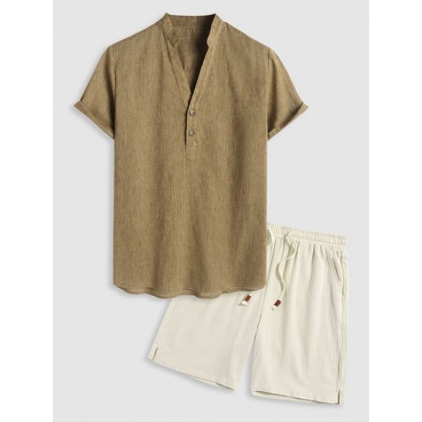 Men's Half Button V Neck Cotton And Linen Textured Plain Color Shirt And Drawstring Pockets Vacation Bermuda Shorts Set