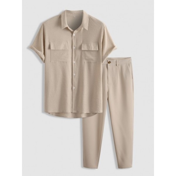 Men's Short Sleeves Flap Pocket Crinkle Textured Button Front Shirt And Ruched Solid Color Tapered Work Pants Set