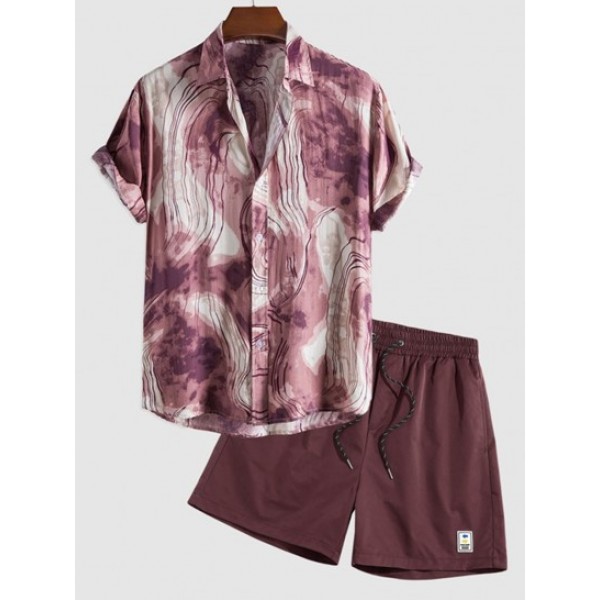 Men's Ink Painting Printed Short Sleeves Button Front Shirt And Solid Color Label Design Casual Shorts Set