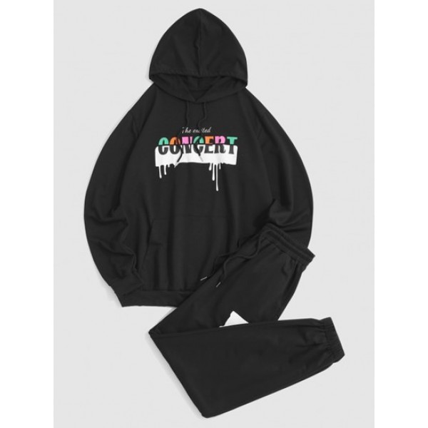 Colorful Letters Graphic Print Hoodie And Sports Pants Set Outfit