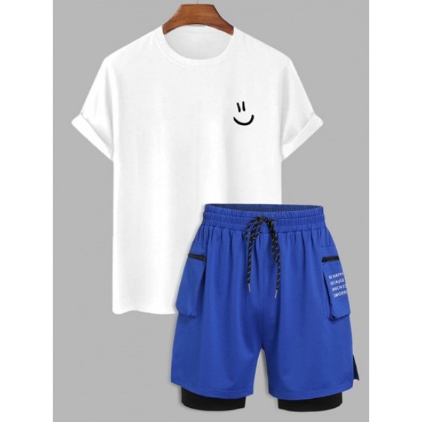 Smile Face 100% Cotton T-shirt With Cargo Sports Shorts Two Piece Set