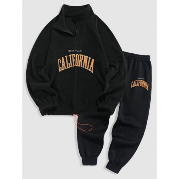 Letters Embroidered Quarter Zip Fleece Sweatshirt And Fleece-lined Sports Jogger Pants Set