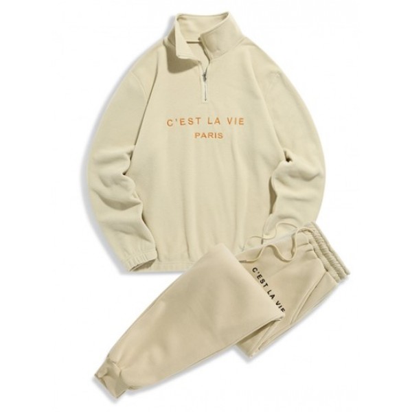 C' EST LA VIE Letter Embroidered Polar Fleece Sweatshirt And Sports Jogger Pants Set