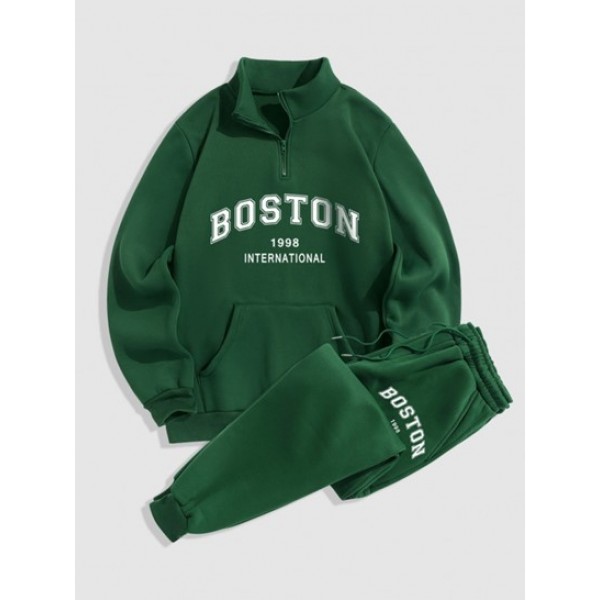 BOSTON Letter Pattern Quarter Zip Design...