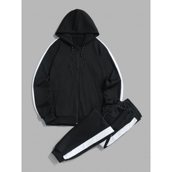 Color Spliced Zip Fly Sports Hooded Jacket And Drawsting Sweatpants Set Outfit