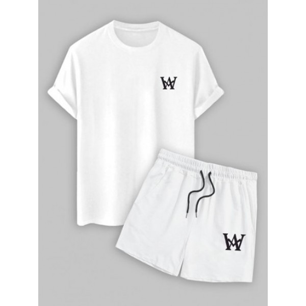 Men's Basic Letter Graphic Printed Short Sleeves T-shirt And Athleisure Casual Letter Printed Graphic Drawstring Sweat Shorts Set