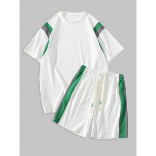 Colorblock Textured Short Sleeves T-shirt And Shorts Athletic Set