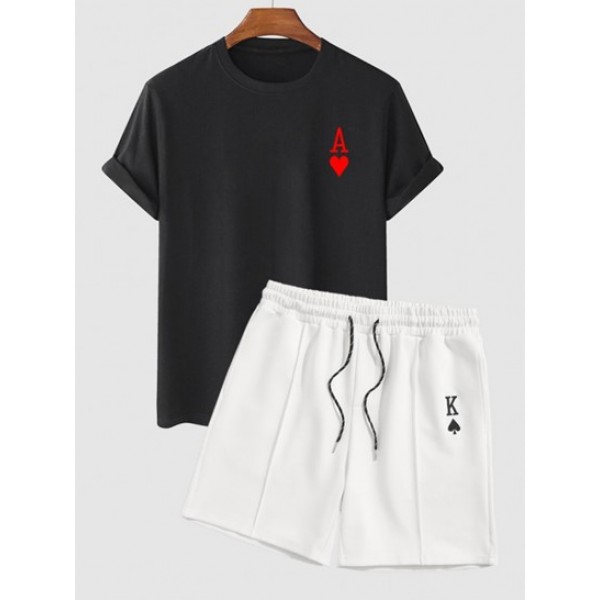 Men's Poker Print Short Sleeve Crew Neck Basic T-shirt And King Of Spades Playing Card Embroidered Sports Shorts Set