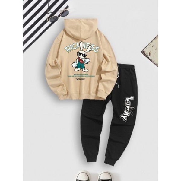 Letter RICHNESS Rabbit Graphic Printed Hoodie And Drawstring Sports Pants Set Outfit