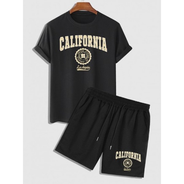 Letter CALIFORNIA Badge Graphic Printed Short Sleeve T-shirt And Shorts Set