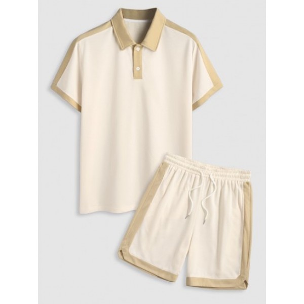 Men's Colorblock Polo Collared Short Sleeves T-shirt And Drawstring Casual Shorts Set