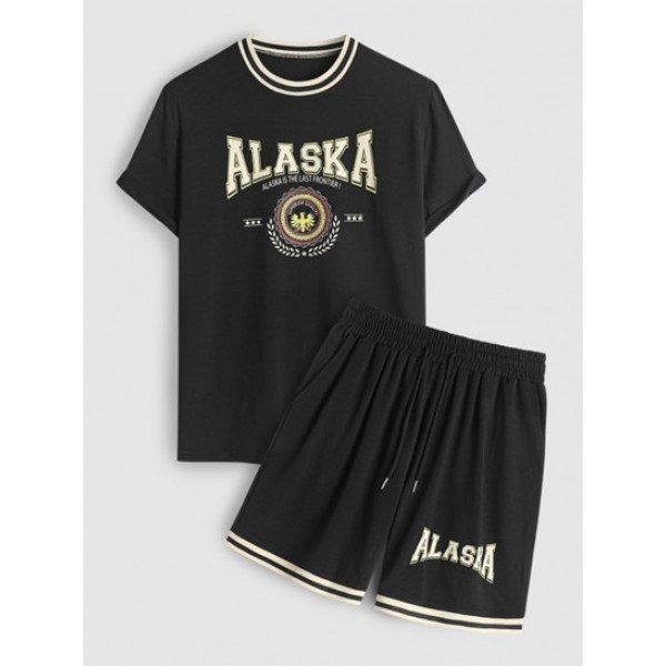 Men's Preppy Casual Rib Collar ALASKA IS THE LAST FRONTIER Letter Eagle Graphic Short Sleeves T Shirt With Drawstring Shorts Set