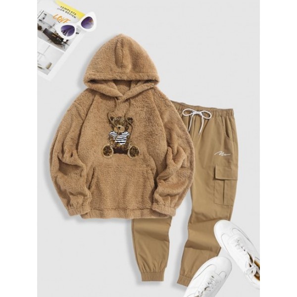 Cartoon Bear Funny Graphic Fluffy Faux Fur Teddy Pullover Hoodie With Jogger Cargo Pants Two Piece Set