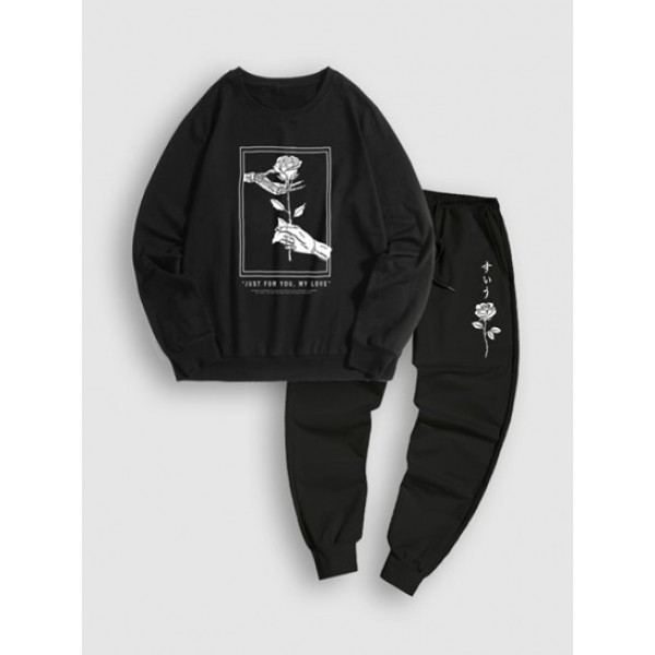 Halloween Skeleton Hand Holding Rose And Letter Printed Sweatshirt And Sweatpants Set