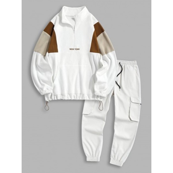 NEW YORK Colorblock Polar Fleece Sweatshirt And Jogger Cargo Pants Set Outfit