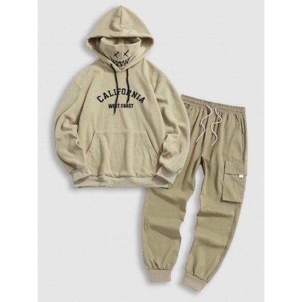 Letter Vintage Graphic Embroidered Fleece Mask Hoodie With Techwear Cargo Pants Set