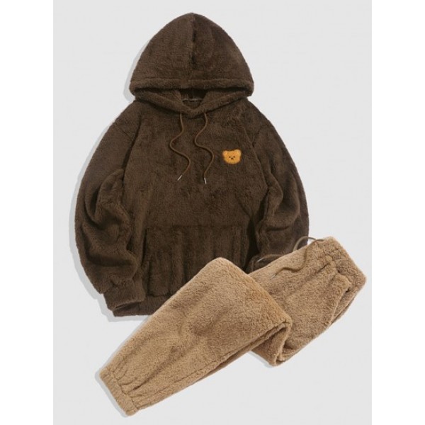 Bear Pattern Drawstring Fluffy Hoodie And Pants Faux Fur Set