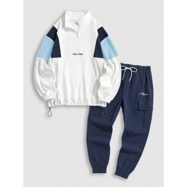 Polar Fleece NEW YORK Embroidery Colorblock Half Zip Sweatshirt And Jogger Cargo Pants Set