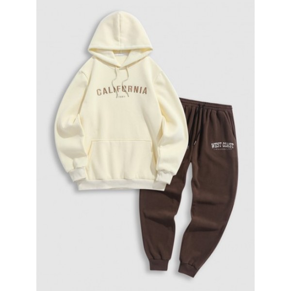 Letter Embroidery Fleece-lining Hoodie And Polar Fleece Sweatpants Set