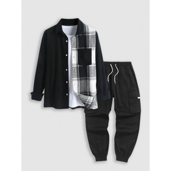 Two Tone Plaid Long Sleeves Shirt With Flap Pocket Drawstring Techwear Cargo Pants Set