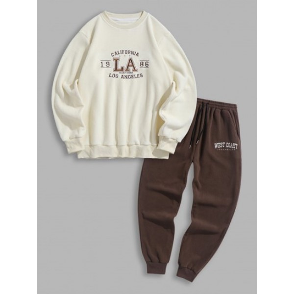 Letter Embroider Fuzzy Polar Fleece Sweatshirt With Sweatpants Set