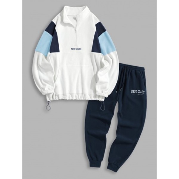 Polar Fleece Letter Embroidery Colorblock Half Zip Sweatshirt And Sweatpants Set Outfit