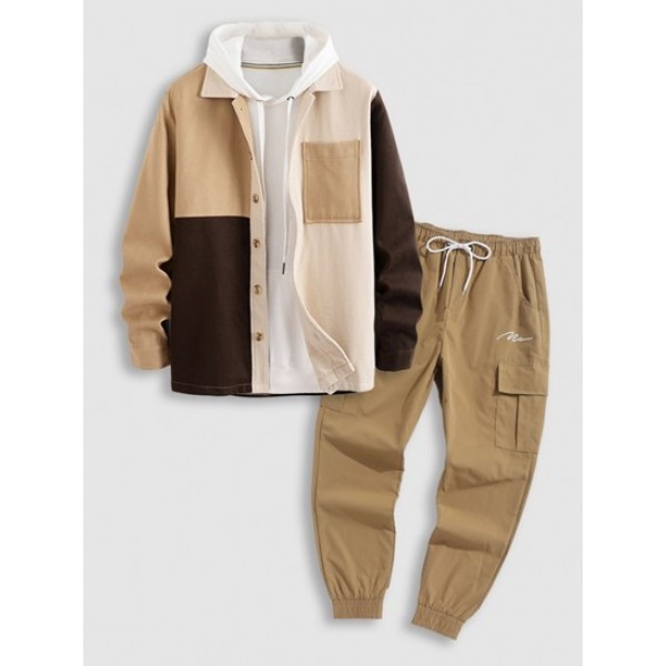 Colorblock Front Pocket Woolen Jacket With Drawstring Jogger Cargo Pants Set