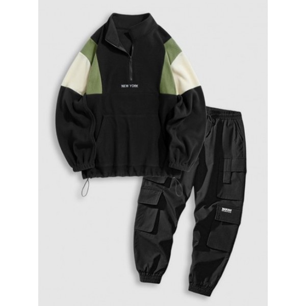 Fluffy Polar Fleece NEW YORK Embroidery Colorblock Half Zip Sweatshirt And Pockets Cargo Jogger Techwear Pants Set