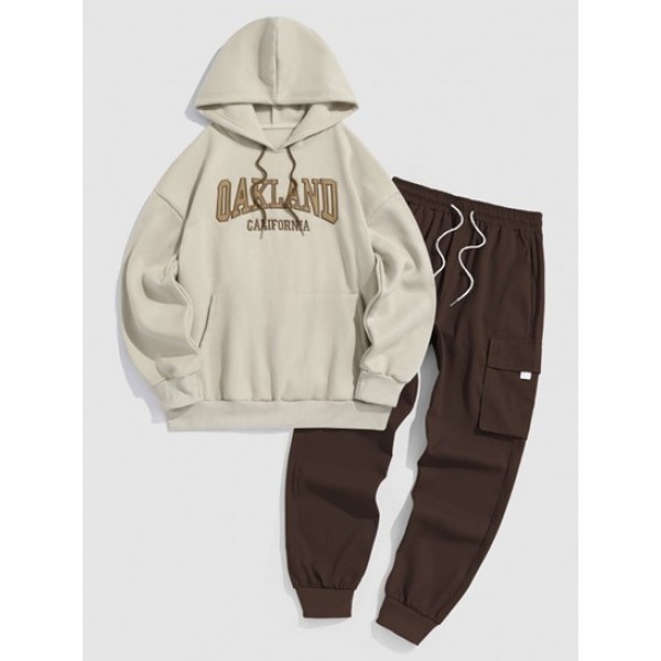 OAKLAND Embroidered Fleece-lined Hoodie With Pocket Techwear Cargo Pants Set