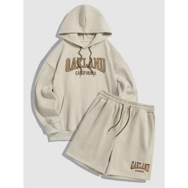 Letter OAKLAND Embroider Fluffy Fleece-lined Hoodie And Sweat Shorts Set Outfit