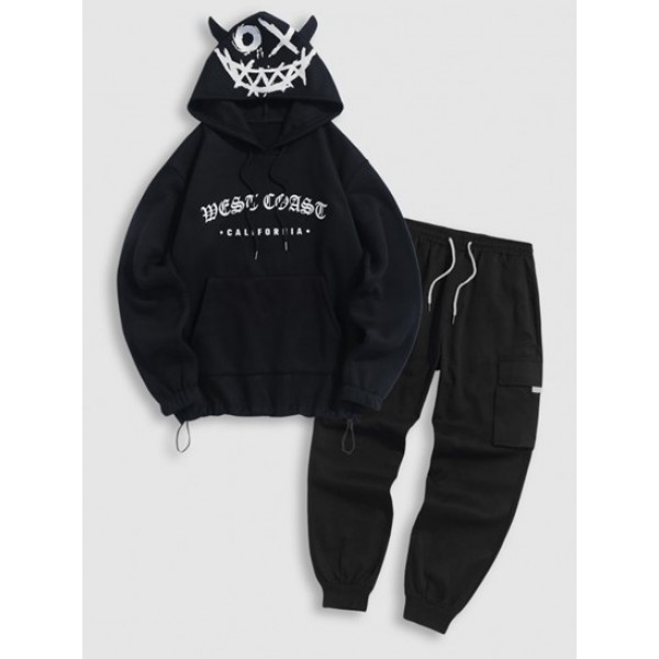 Little Devil Letter Graphic Pattern Fleece-lined Hoodie And Drawstring Techwear Cargo Pants Set