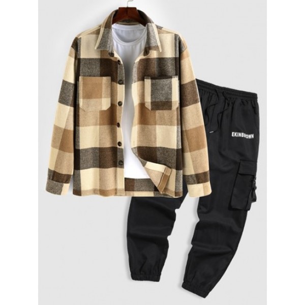 Plaid Pattern Double Pockets Wool Blend Shacket And Letter Printed Multi-pocket Cargo Pants Set