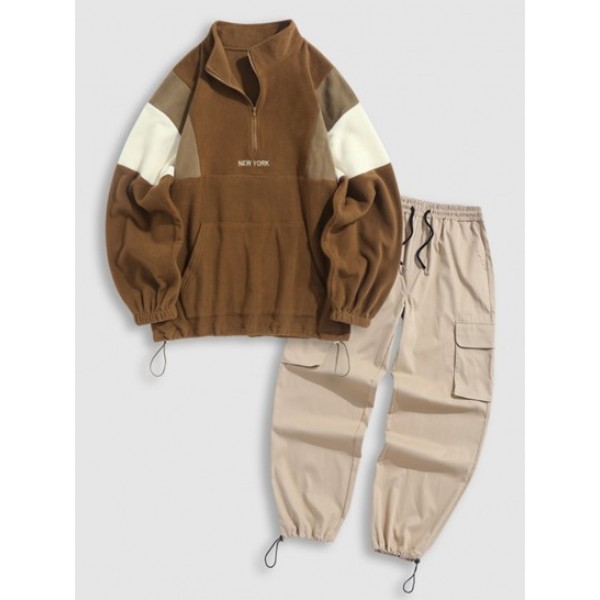 Fluffy Polar Fleece NEW YORK Embroidery Colorblock Half Zip Sweatshirt With Pockets Cargo Pants Set