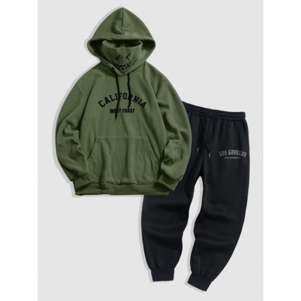 Letter Vintage Graphic Embroidered Fleece Mask Hoodie With Thermal Fleece Lined Jogger Pants Set