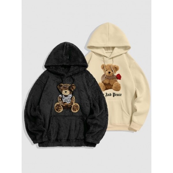 2Pcs Bear Terry Embroidered Fluffy Teddy Rose Graphic Pattern Fleece-lined Hoodie