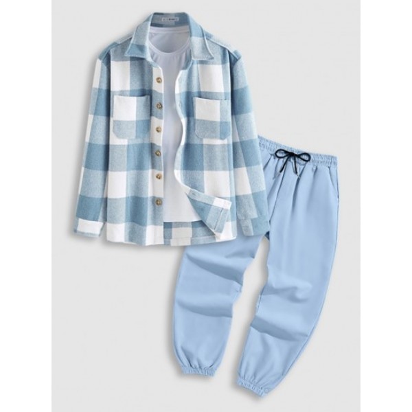 Plaid Double Pockets Wool Blend Shacket And Drawstring Pocket Jogger Pants Set