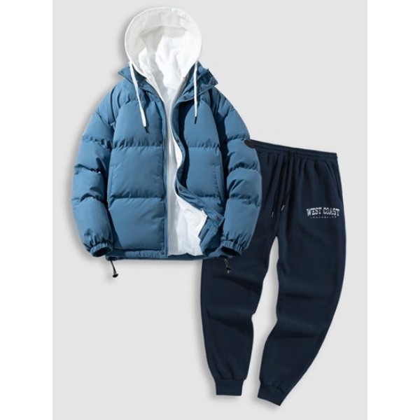 Dual Zip Hooded Pocket Puffer Padded Coat With Fuzzy West Coast Embroidered Polar Fleece Sweatpants Set