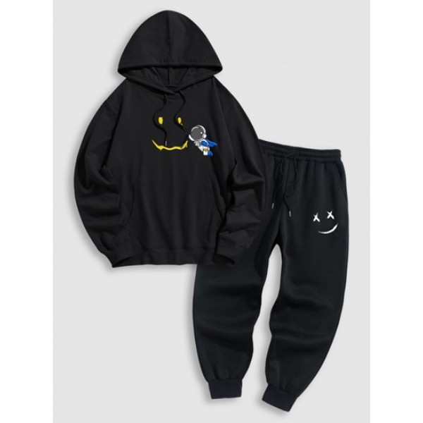 Smile Face Astronaut Graphic Pullover Hoodie With Warmth Fleece-lined Jogger Pants Set