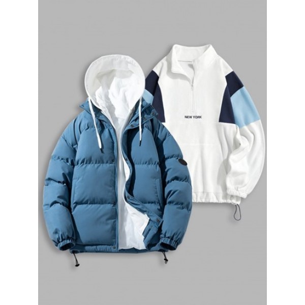 Colorblock Puffer Padded Coat And Fluffy Polar Fleece NEW YORK Embroidery Half Zip Sweatshirt Set