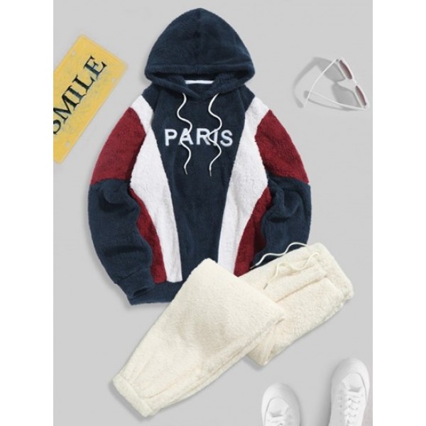 PARIS Embroidered Fuzzy Pullover Hoodie And Fluffy Teddy Beam Feet Pants Faux Fur Set