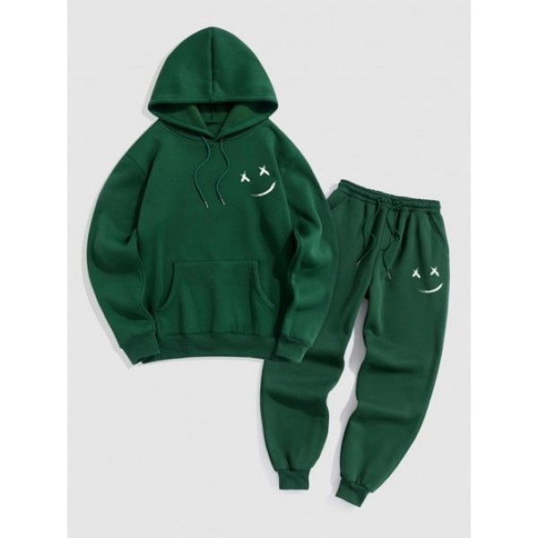 Smile Face Graphic Printed Thermal Fleece Lined Jogger Pants Set