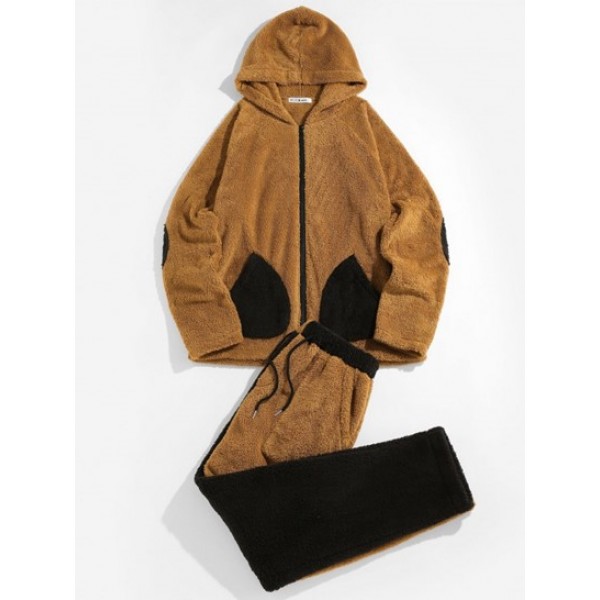 Color Block Fluffy Hooded Jacket And Pan...